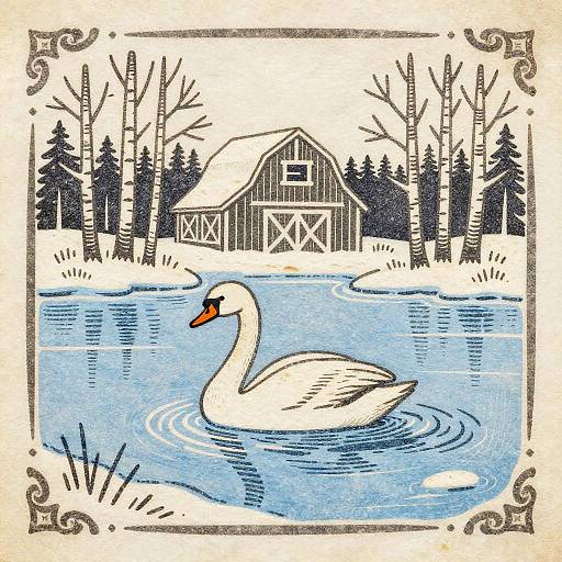 Snowy Barn Swan Woodcut Illustration