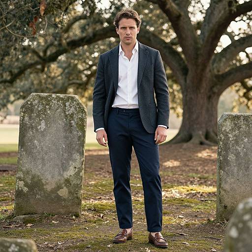 Photograph of a handsome, dark-haired man in a black suit, white shirt, and brown shoes standing between two moss-covered gravestones in a