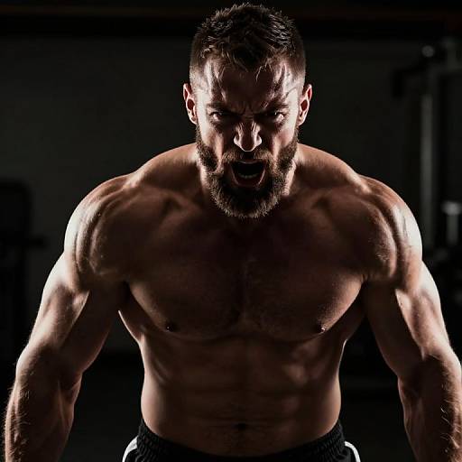 Photograph of a muscular, bearded man with intense expression, bare-chested, shadowed background, highlighting his defined abs and biceps.