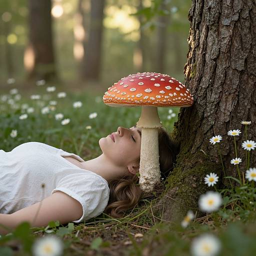 Photograph of a young woman with closed eyes, lying against a tree, with a red-spotted mushroom beside her, surrounded by daisies in