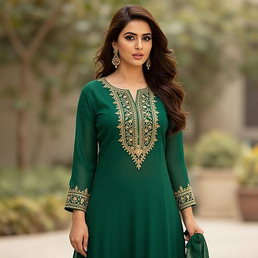 Photograph of a dark-haired Indian woman in a green, embroidered traditional kameez, standing outdoors with a blurred garden background.
