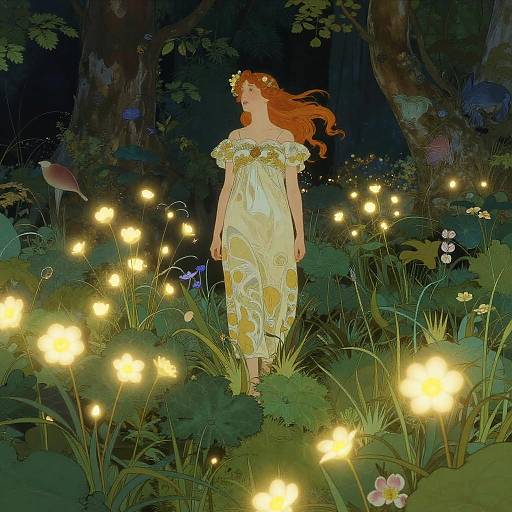 Digital illustration of a red-haired woman in a white, floral dress, surrounded by glowing fireflies in a lush, dark forest.