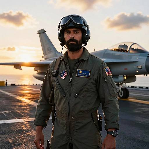 Photograph of a bearded male pilot in a dark green flight suit with American and squadron patches, wearing aviator goggles and helmet, standing on a