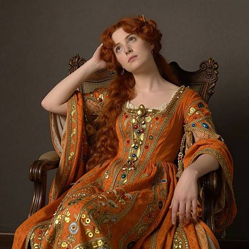 Photograph of a pale-skinned redhead woman with long curly hair, wearing an ornate, gold-embellished orange dress, sitting regally