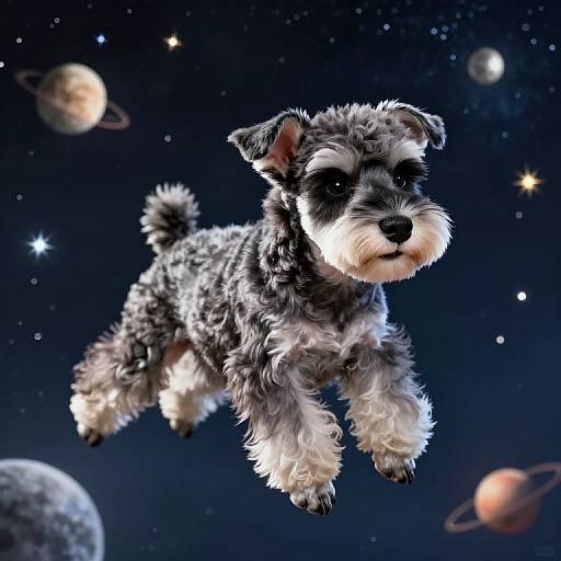 Digital artwork of a fluffy, black-and-white puppy floating in a starry, planetary-filled space, with visible planets in the background.