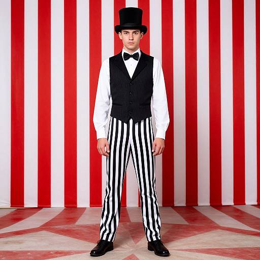 Photograph of a young man in black pinstripe trousers, white shirt, black vest, bow tie, and top hat, standing against red and