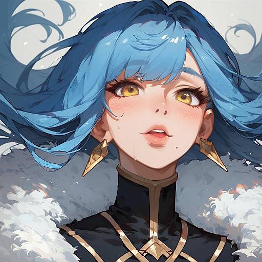 Digital anime-style portrait of a blue-haired woman with golden eyes, wearing gold geometric earrings, and a black top with white fur trim.