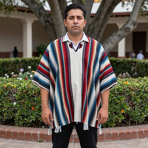 Photograph of a medium-built man with short black hair, wearing a white shirt and colorful striped poncho, standing in a landscaped garden with trees