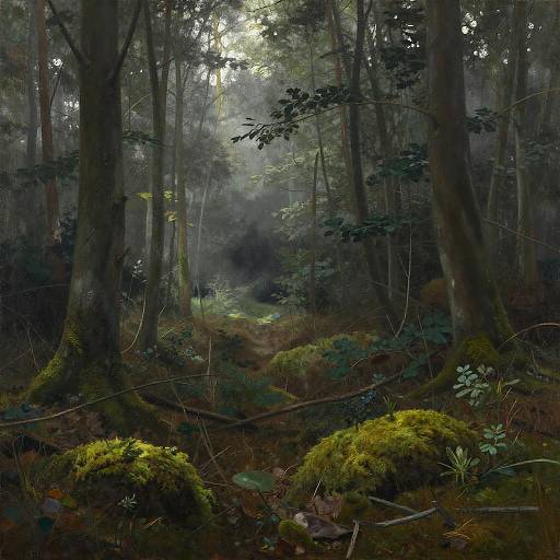 Photograph of a dense, misty forest with tall trees, moss-covered rocks, and a dimly lit, mysterious pathway winding through the underbrush