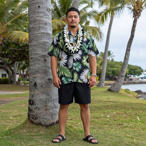 Photograph of a man with short black hair, wearing a Hawaiian shirt with green and white palm patterns, black shorts, and sandals, standing in front