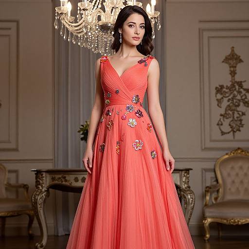 Elegant Woman in Vibrant Coral Gown