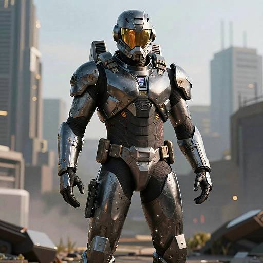 Photorealistic CGI of a futuristic, armored soldier in metallic black power suit with reflective visor, standing in a sunlit, ruined cityscape.