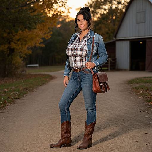Photograph of a curvy woman with medium skin tone, black curly hair, wearing a plaid shirt, blue jeans, brown boots, and a