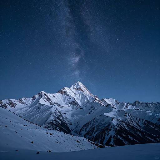 Photograph of a snow-covered mountain range under a starry night sky with the Milky Way visible, highlighting bright peaks and dark valleys.