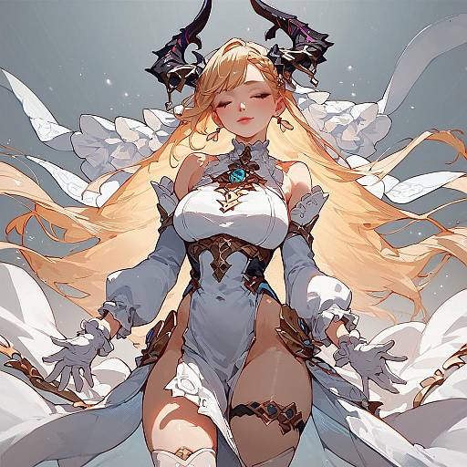 Horned Anime Girl in Frilled Dress