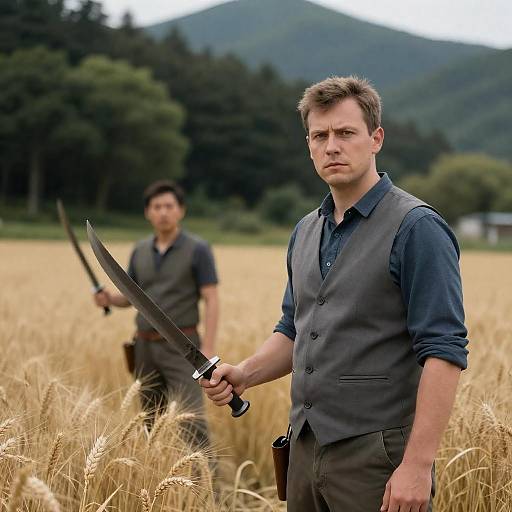 Men Holding Curved Blades in Wheat Field