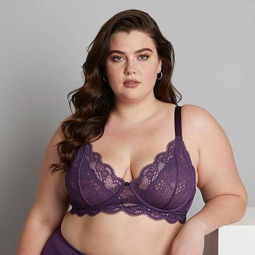 Plus-sized woman in purple lace bra