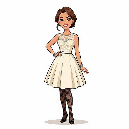 Digital drawing of a smiling woman with short brown hair, wearing a white lace sleeveless dress, black lace tights, and black heels.