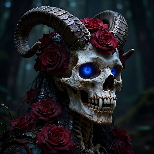 Photorealistic digital artwork: eerie skull with glowing blue eyes, large twisted horns, adorned with red roses, dark forest background.
