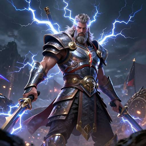 Digital artwork of a muscular, bearded warrior with glowing blue eyes, lightning bolts around him, and ornate, silver armor, holding a sword,