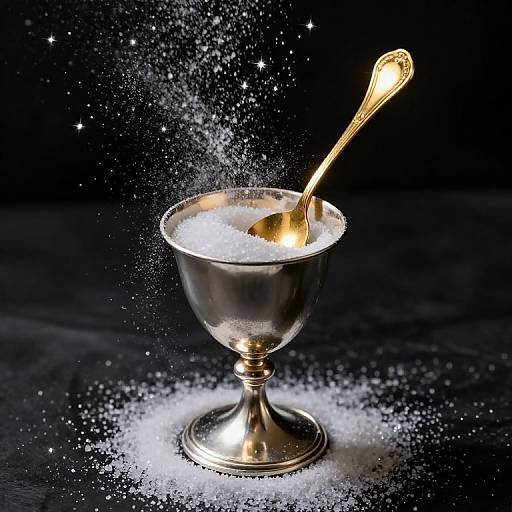 Photograph of a silver cup with sparkling sugar, gold spoon, and star-like particles, against a dark, starry background.