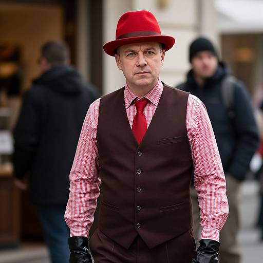 Man in Red Hat Outside Store
