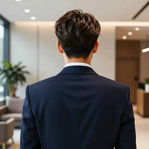 Businessman with Face-Framing Highlights in Office Lobby
