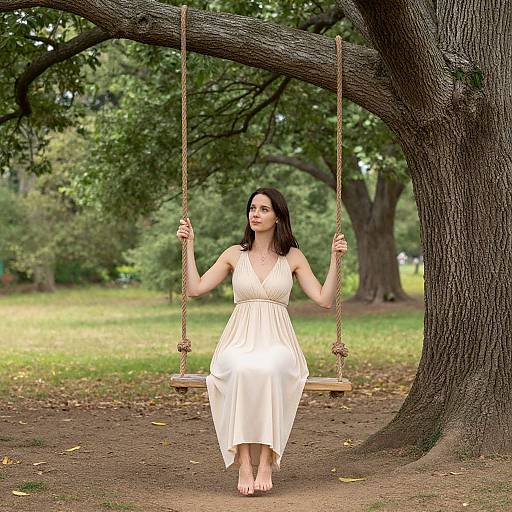 Photograph of a fair-skinned woman with black hair, wearing a white sleeveless dress, sitting barefoot on a wooden swing under a large tree