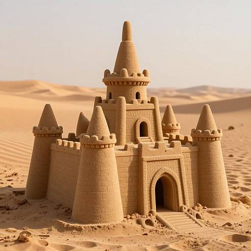 Photograph of intricate sandcastle with turrets and arched entrance, set in a sunlit, sandy desert landscape.