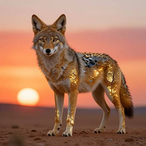 Photograph of a golden-coated coyote with shimmering, sequined patterns, standing on a sandy desert at sunset. The sun sets in the