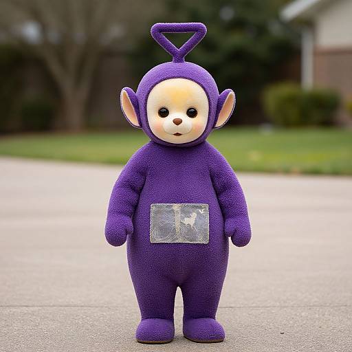 Photograph of a plush, purple, alien-like costume with a white face, black eyes, and a metallic chest plate, standing on a suburban street