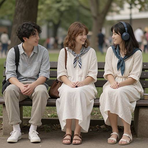 Photograph of three Asian friends, two women in white dresses and one man in gray shirt and beige pants, sitting on a park bench, smiling,