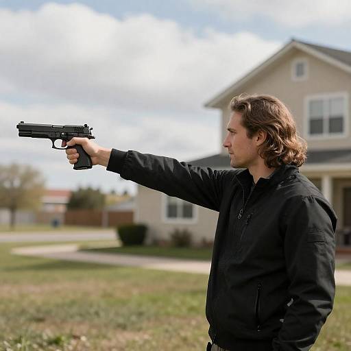 Sunlit Man Aiming Handgun by House