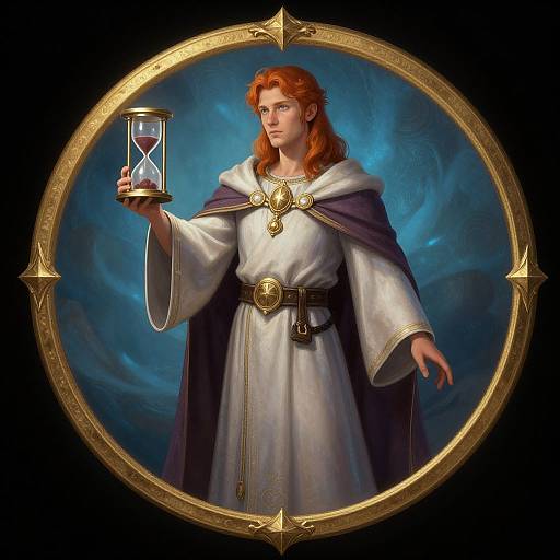 Digital painting of a red-haired woman in white and purple robes holding an hourglass, set in a golden circular frame against a blue swirling background.