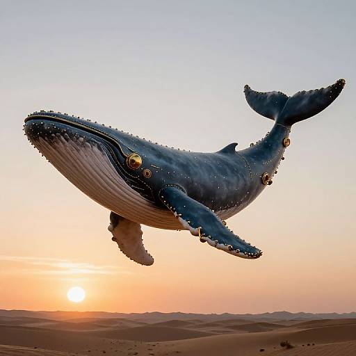 Photograph of a large, detailed, floating blue whale with glowing spots against a sunset sky over a desert landscape.