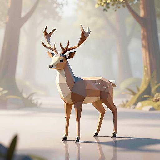 Digital illustration of a geometric, polygonal deer with large antlers, standing in a sunlit forest. Soft, ethereal light filters through tall trees