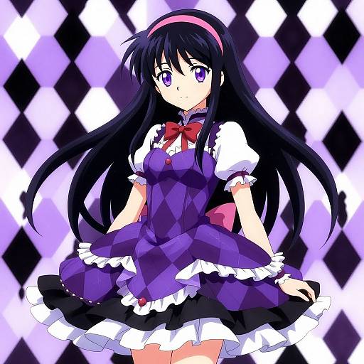Anime-style digital drawing of a black-haired girl with purple eyes, wearing a purple dress with white frills and a red bow, against a black-and