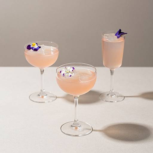 Photograph of three pink cocktails, each in a different glass, garnished with blue and yellow flowers or a blue butterfly.