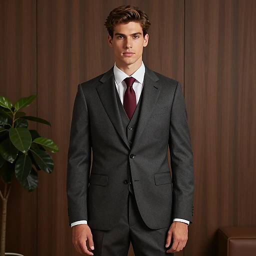 Young Man in Dark Gray Three-Piece Suit