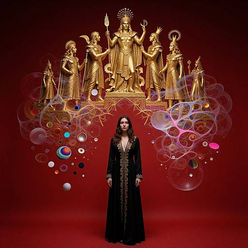 Photograph of a woman in a black, gold-trimmed robe, standing before a golden deity statue with colorful cosmic bubbles. Red background.