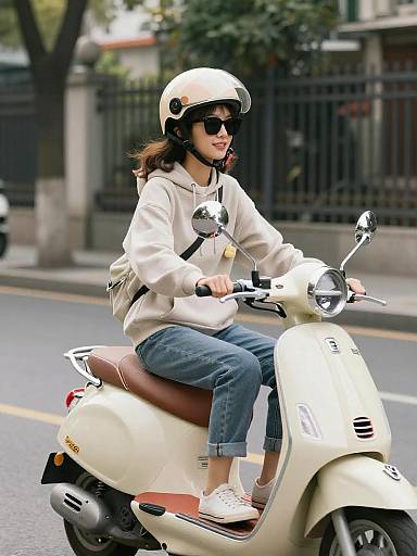 Woman Riding Vintage Scooter on City Street