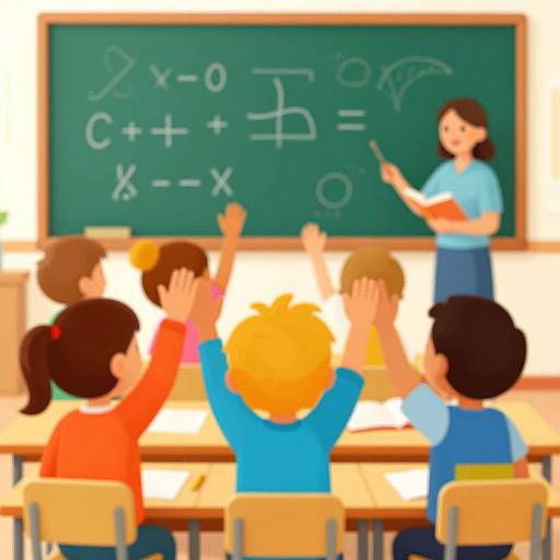 Digital illustration of a math classroom: a female teacher writing on a chalkboard, six diverse children raising hands in the foreground.