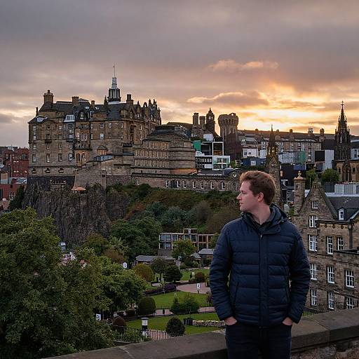 Man Against Historic Cityscape Sunset