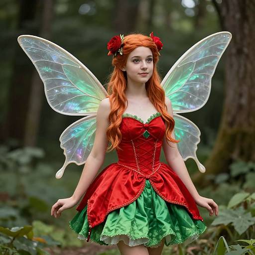 Photograph of a fair-skinned, red-haired fairy with glowing wings, wearing a red and green dress, in a forest setting.
