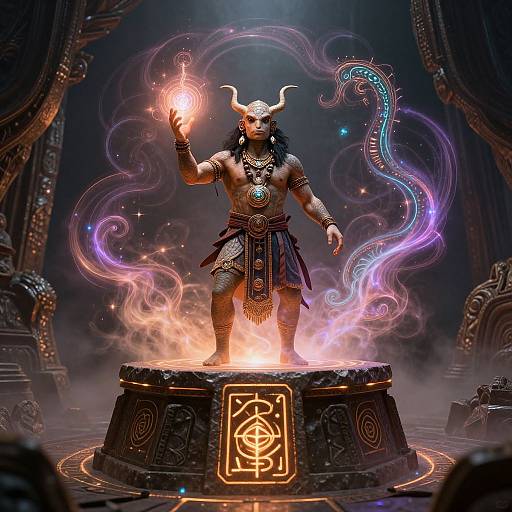 Digital art of a muscular horned deity with glowing eyes, holding a fiery orb, surrounded by magical purple and blue smoke, standing on an ornate