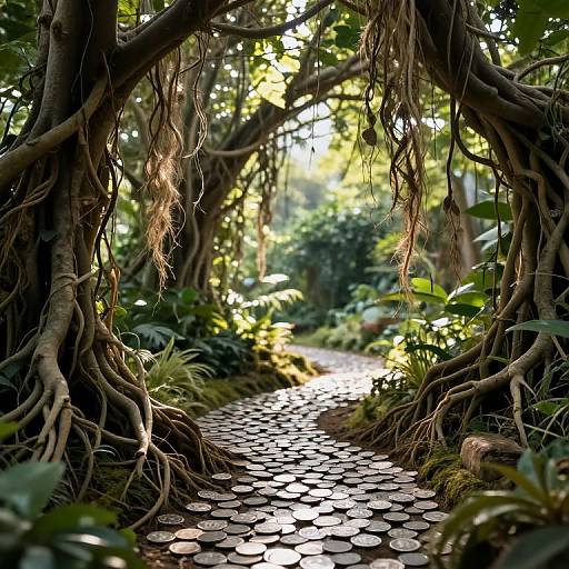Photograph of a sunlit, leafy forest path with circular stone tiles, framed by intricate, hanging tree roots creating an archway.