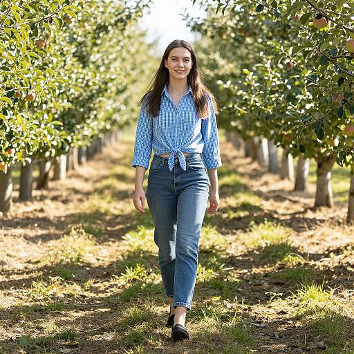 Photograph of a young woman with long brown hair, wearing a blue checkered shirt and blue jeans, walking through a sunlit orchard.