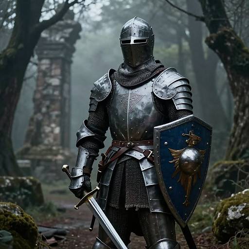 Medieval Knight in Misty Forest