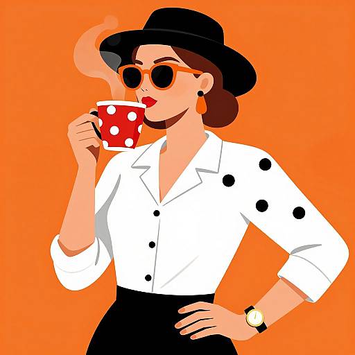 Digital illustration of a stylish woman with dark sunglasses, black hat, white polka-dot blouse, black skirt, sipping from a red polka-dot