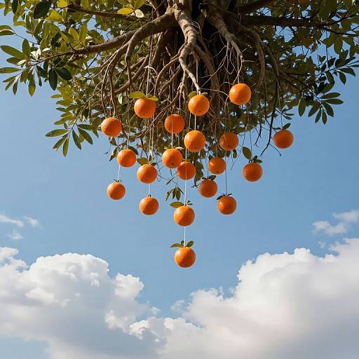 Photograph of a tree with bright orange fruit hanging from its branches against a clear blue sky with fluffy white clouds.